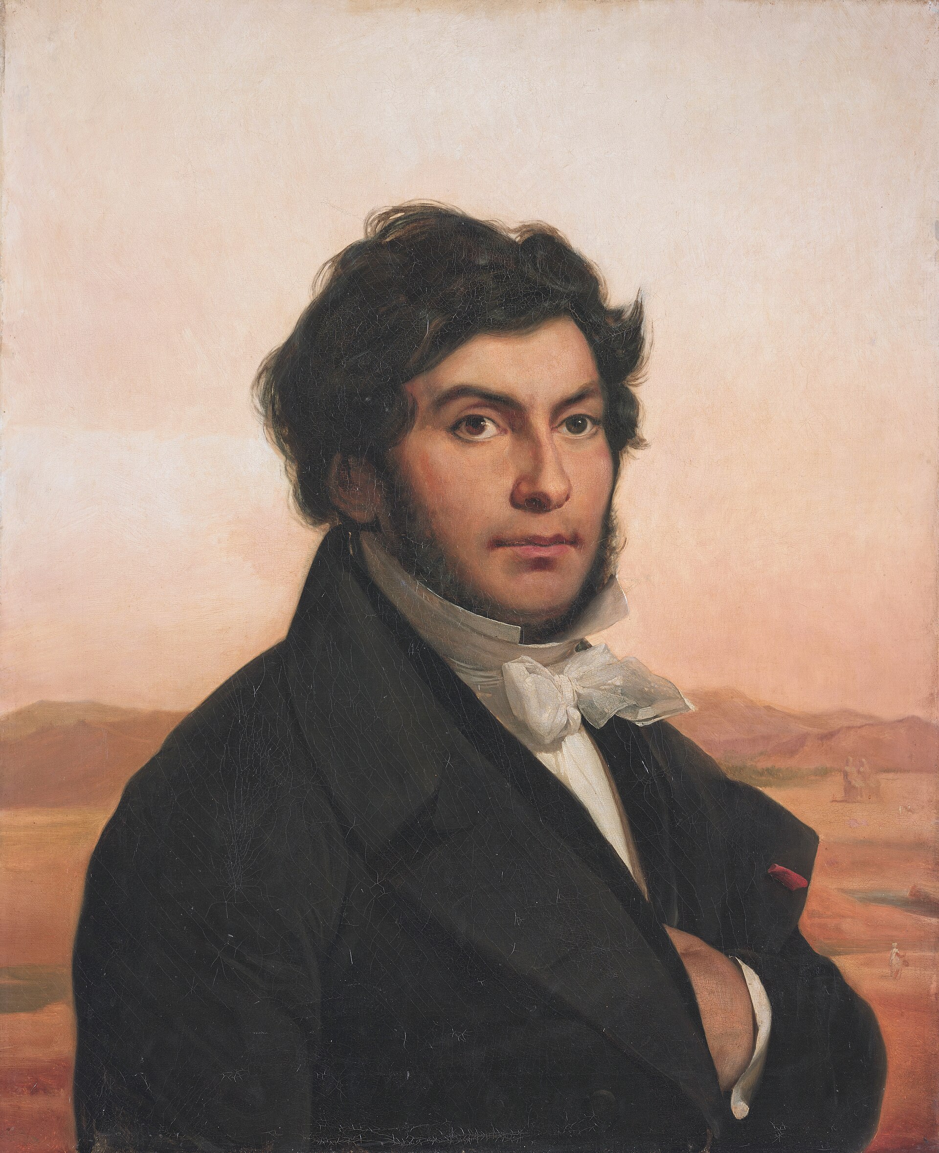 Retrato pintado de un hombre joven de principios del siglo XIX con el pelo oscuro y rizado