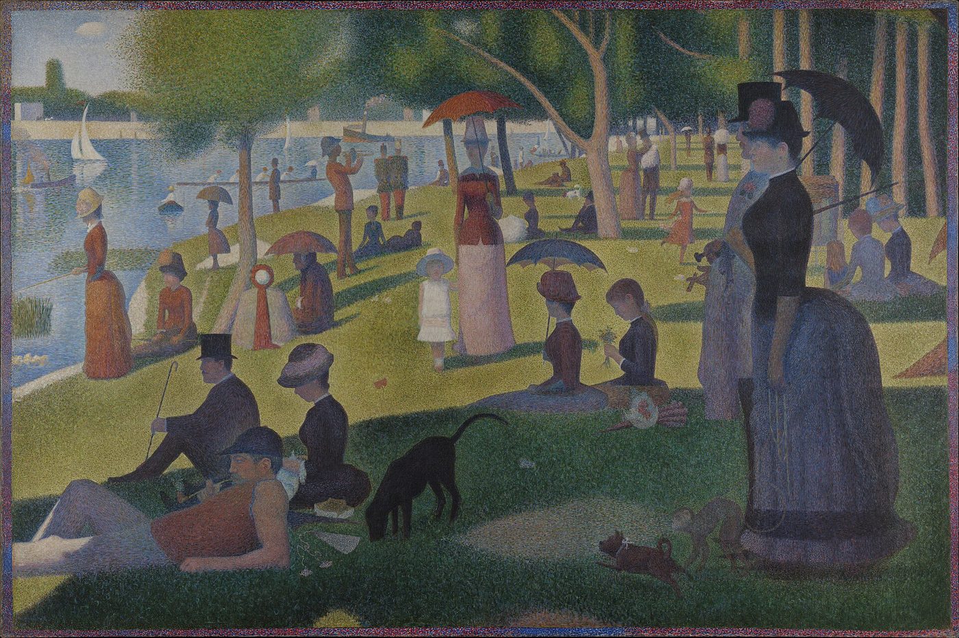 Gran pintura de un parque a orillas de un río con paseantes endomingados, sombrillas, un perro y una pareja de perfil en primer plano, toda ella hecha de pequeños puntos de color
