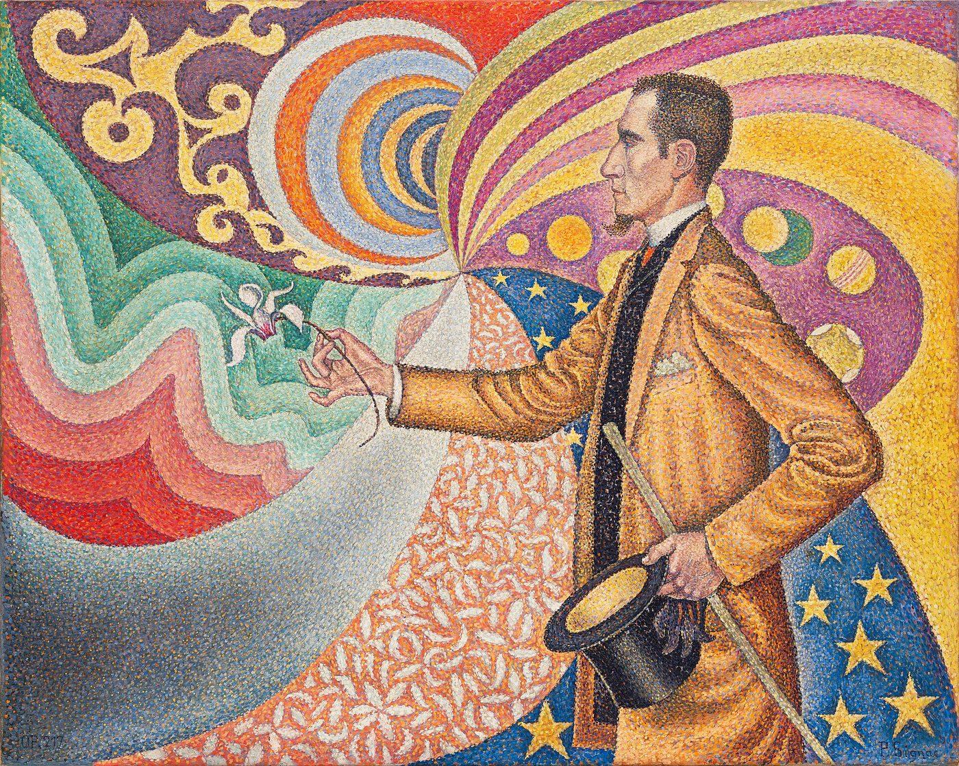 Retrato de un hombre de perfil, con sombrero de copa y bastón en una mano y una flor en la otra, delante de un fondo en espiral de colores y estrellas