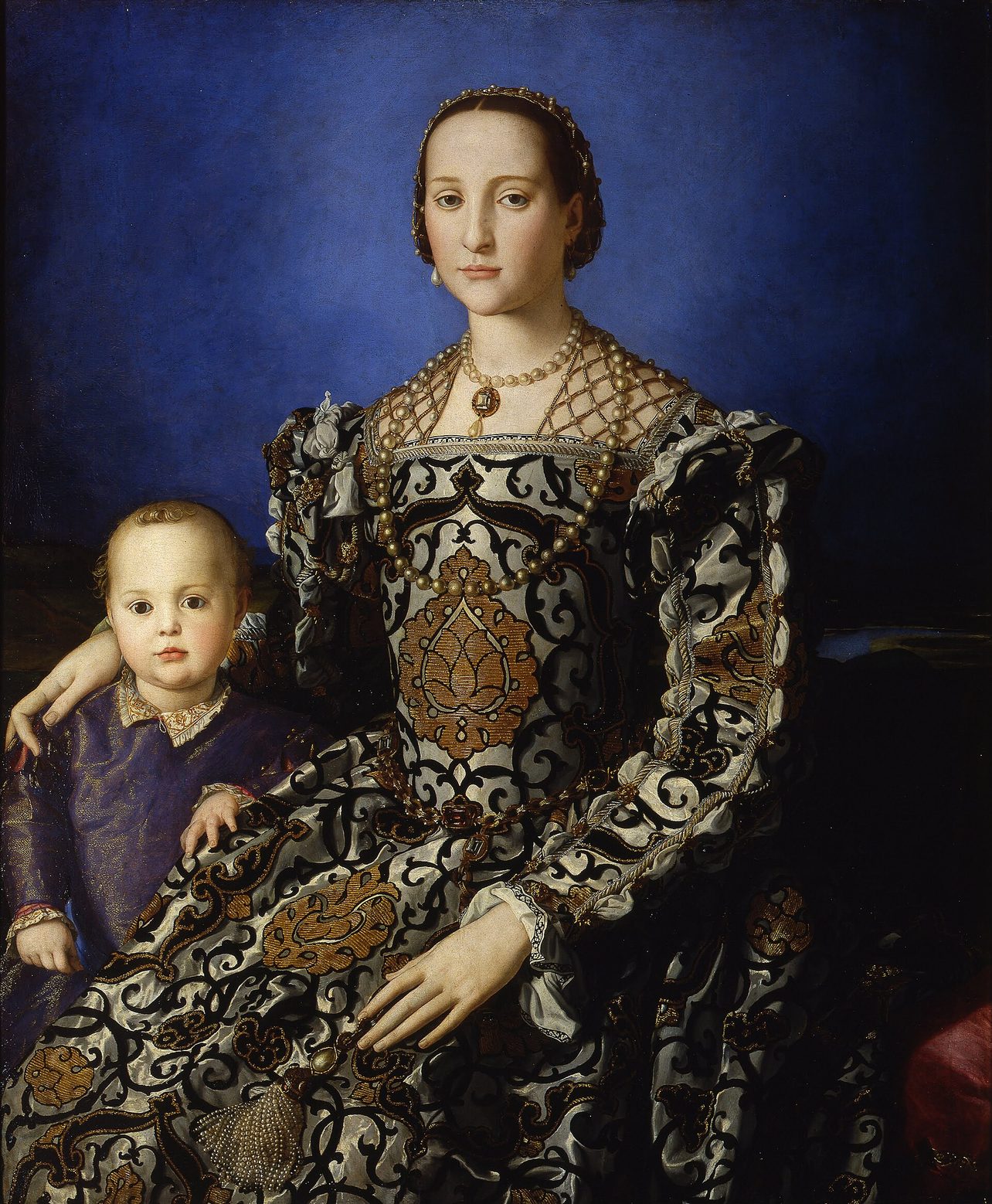 Retrato de Eleonora de Toledo con su hijo Giovanni, pintado por Bronzino, con un vestido de brocado bordado