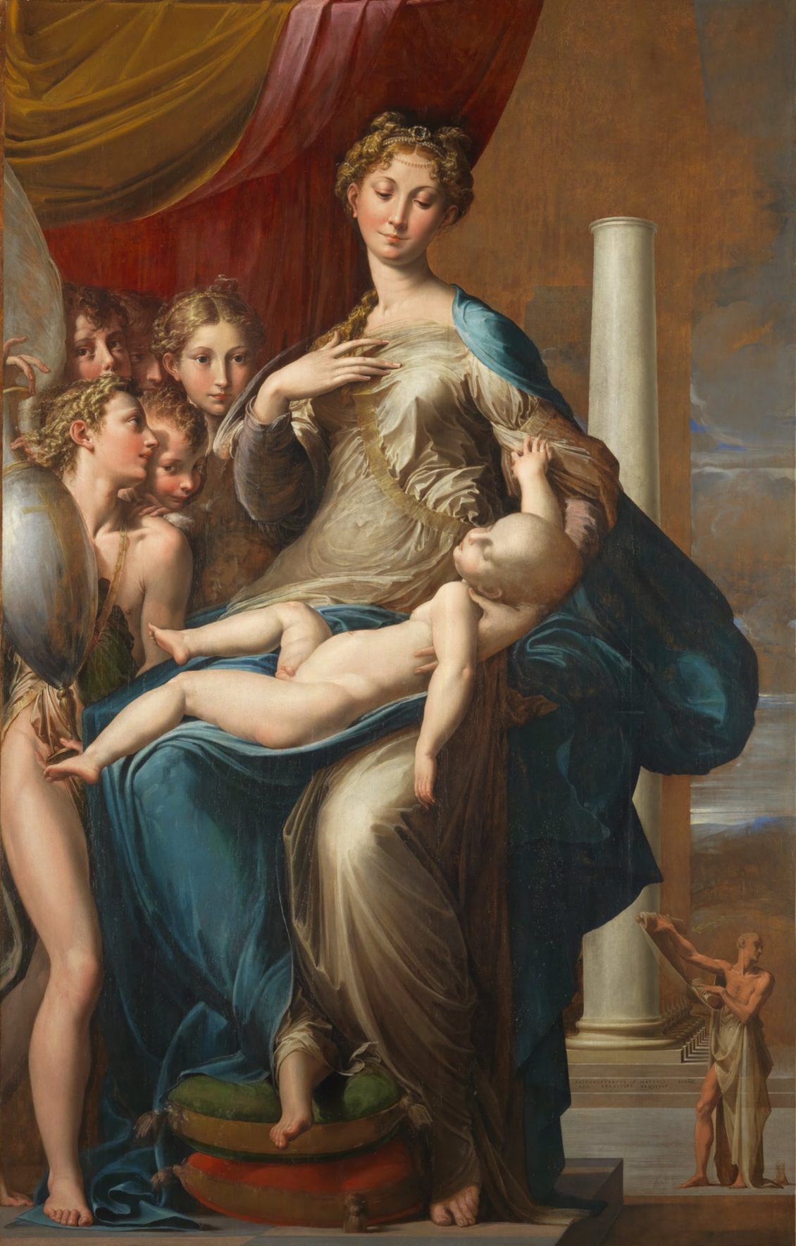 La Virgen de cuello largo de Parmigianino, con el Niño, los ángeles y la columna sin capitel al fondo