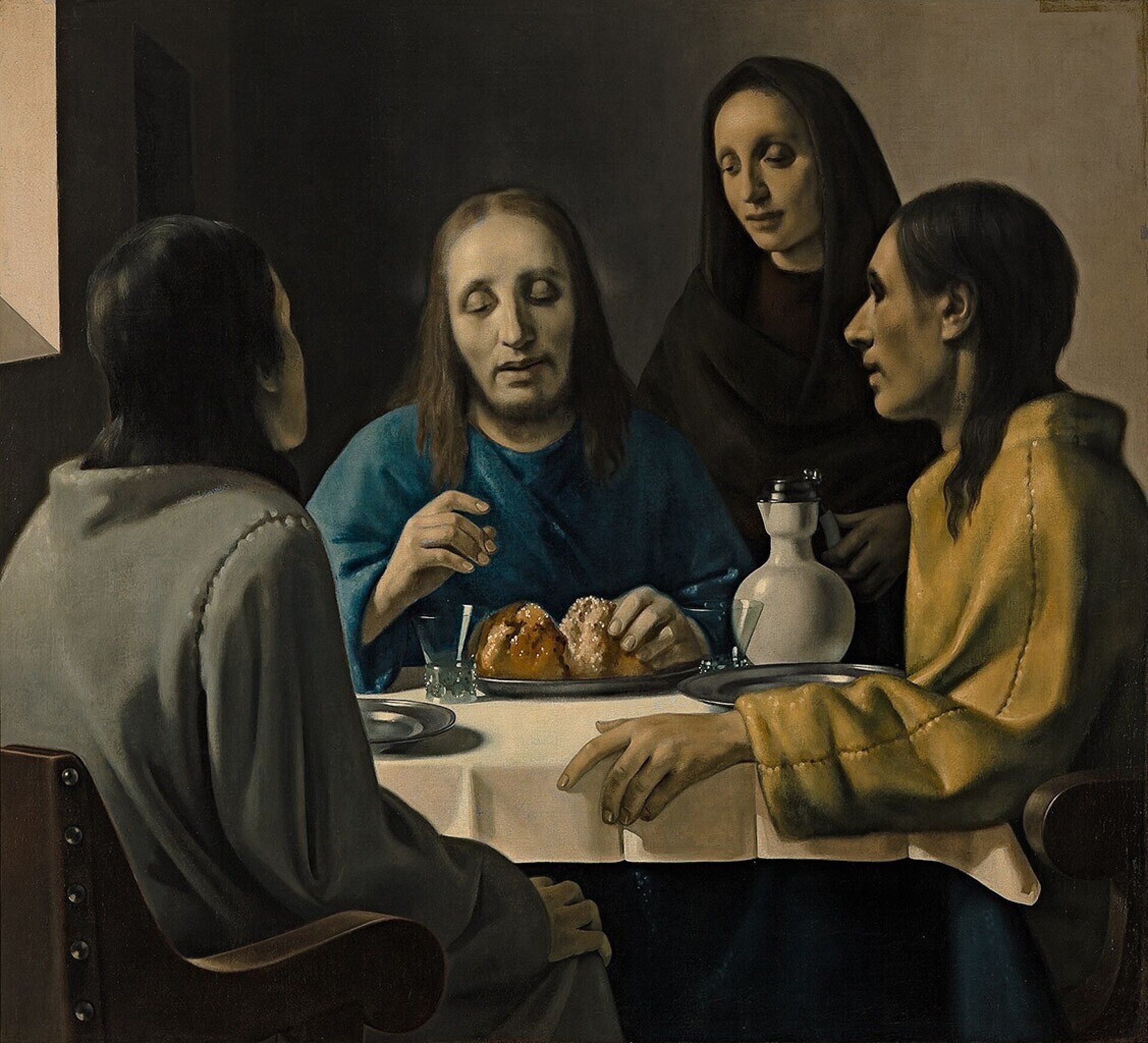 Pintura de Cristo sentado a una mesa partiendo pan entre dos discípulos y una sirvienta de pie, con fondo oscuro
