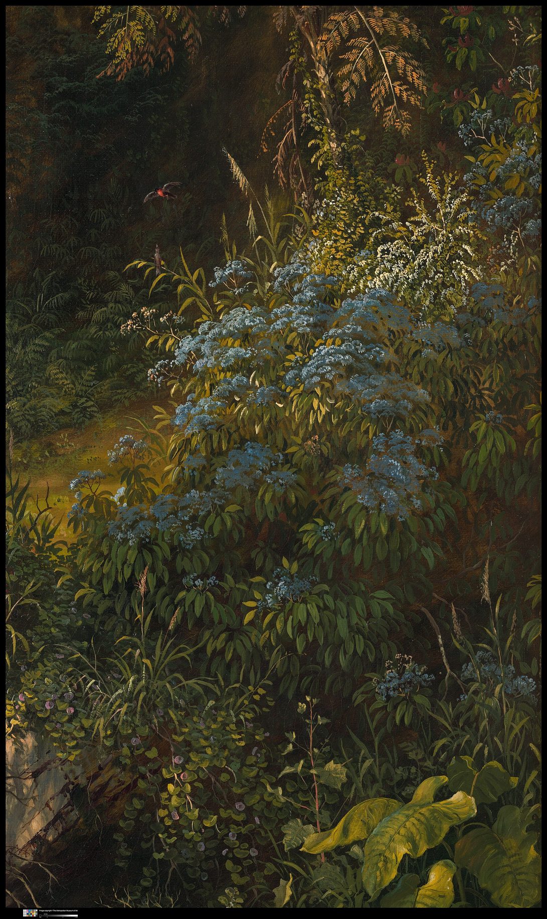 Pintura de un paisaje inmenso de montañas nevadas, con un valle verde, un río, una cascada y palmeras en primer plano