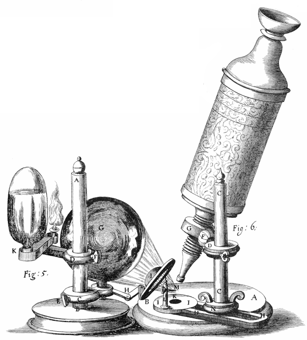 Grabado del microscopio de Hooke: un tubo inclinado sobre un soporte, con una lámpara de aceite y una esfera de vidrio para concentrar la luz