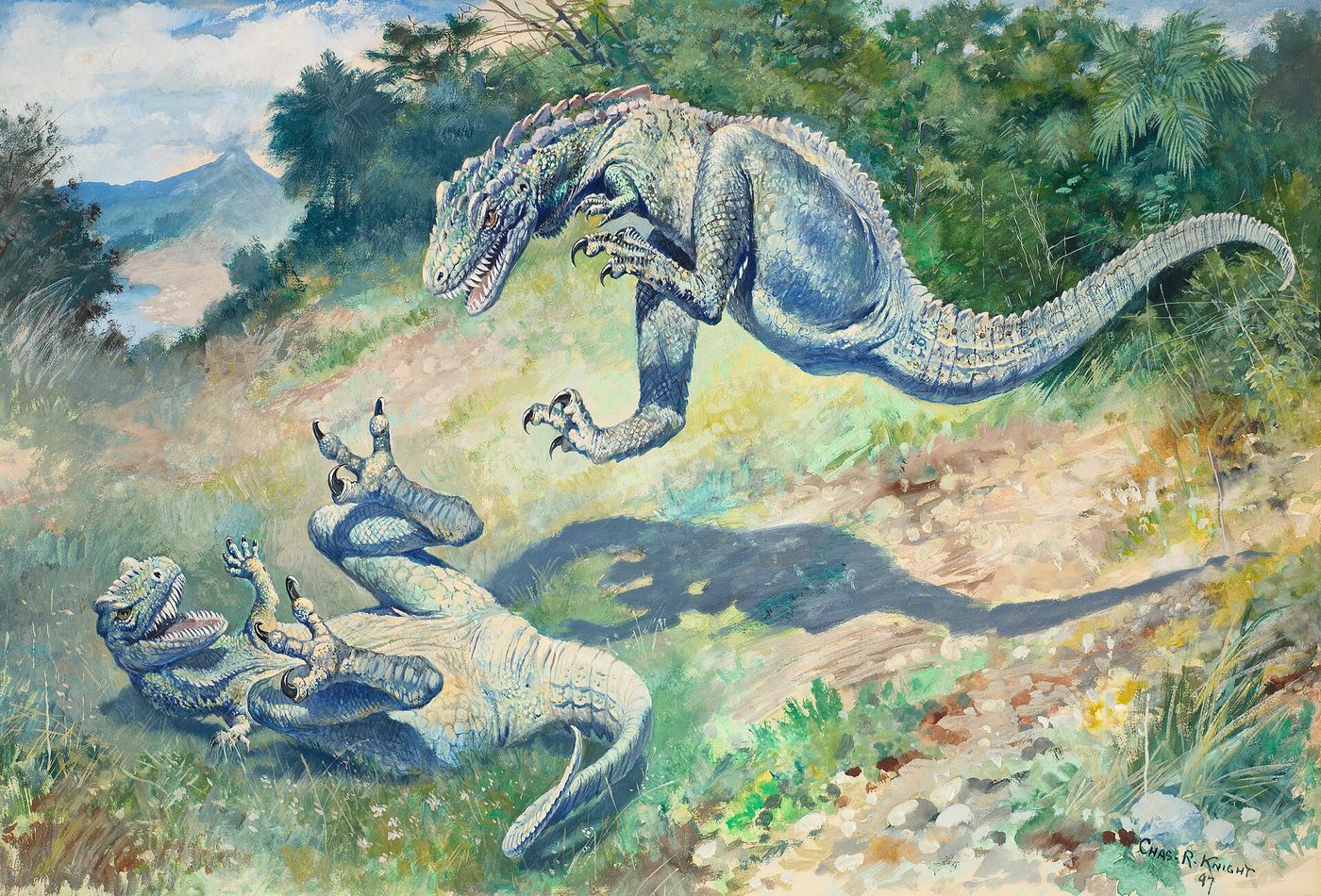 Pintura de dos dinosaurios carnívoros de dos patas que saltan y luchan en un paisaje abierto