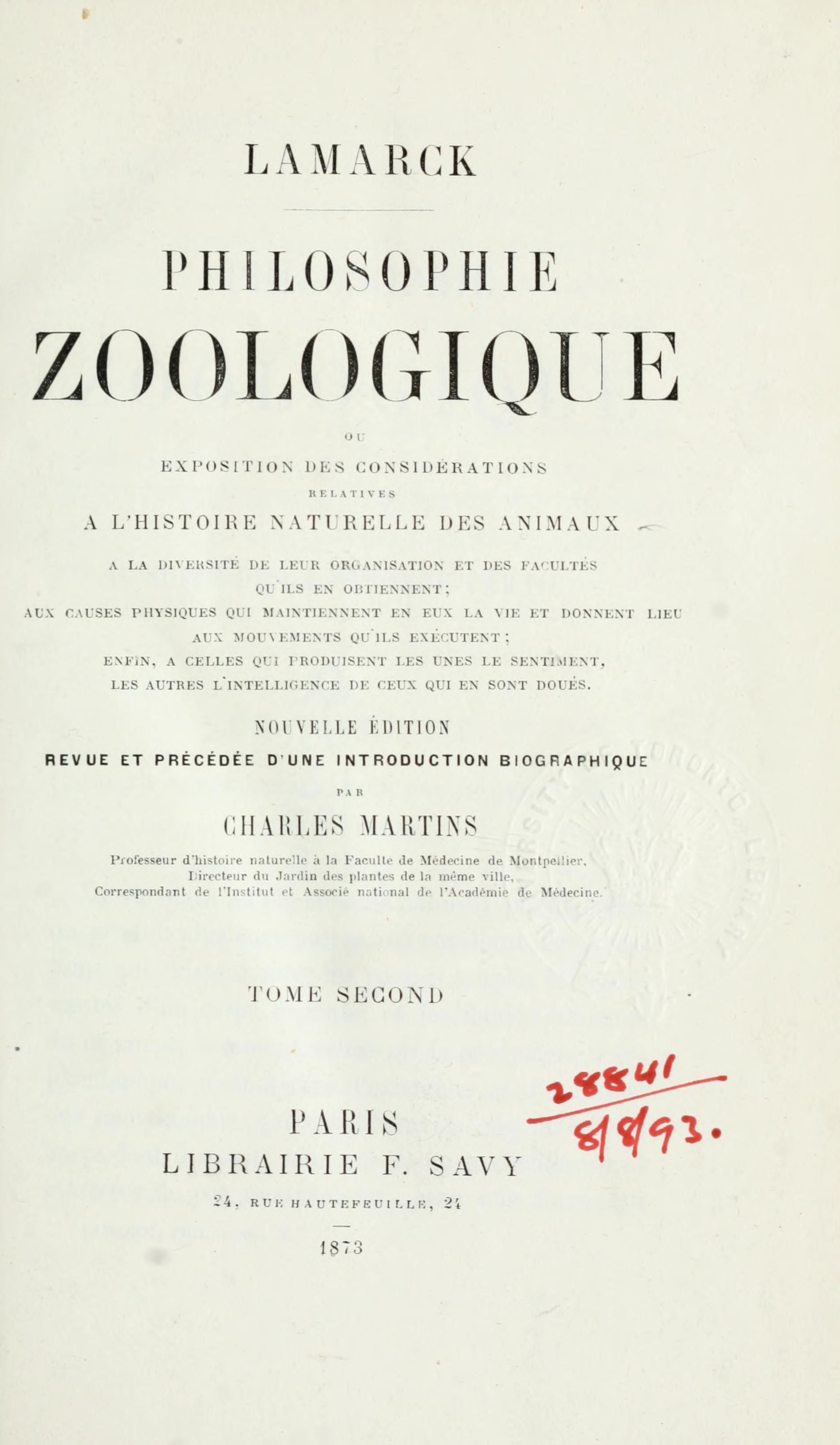 Portada impresa de un libro francés de 1809 con el título Philosophie zoologique