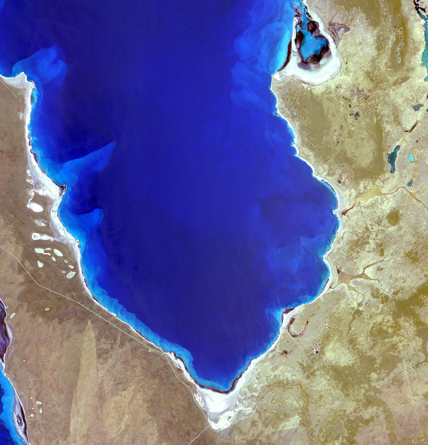 Fotografía de satélite de una bahía de aguas azules y poco profundas con bancos de arena y una costa desértica