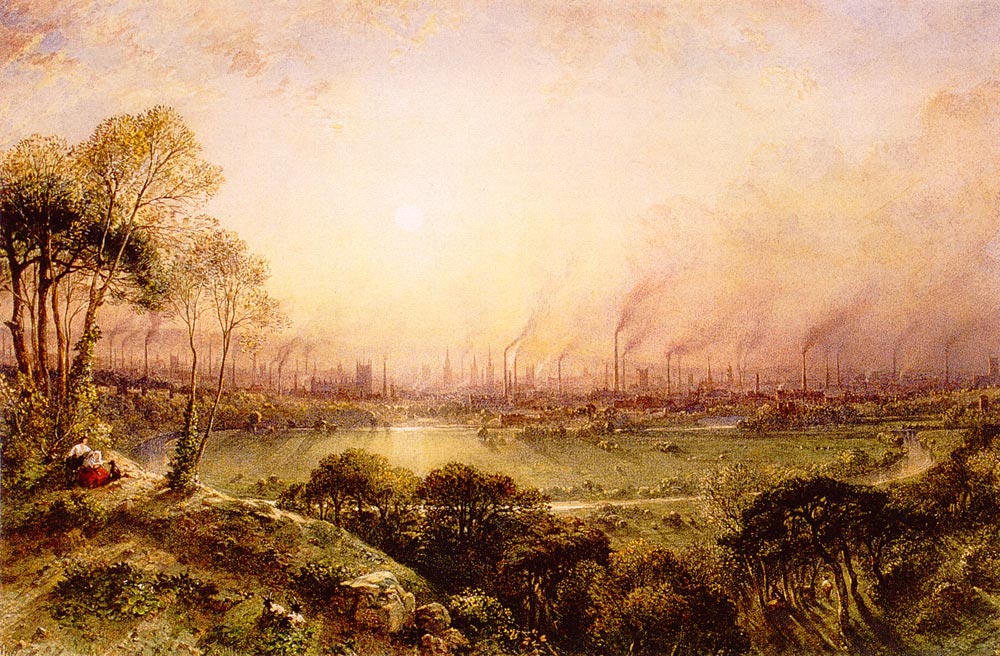 Vista de Manchester desde Kersal Moor en 1857, con las chimeneas de las fábricas dominando el horizonte
