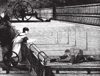 Grabado de 1835 de una sala de hilado con mules accionadas mecánicamente
