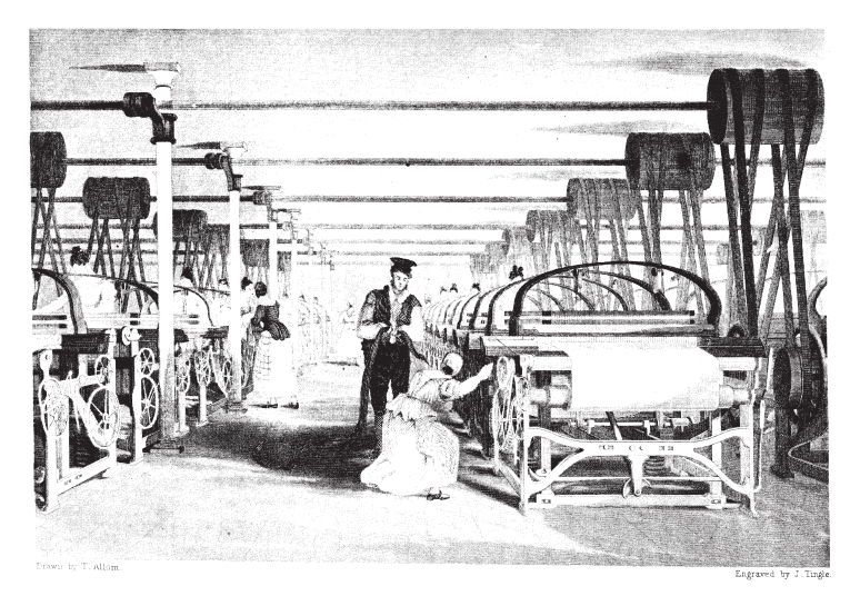 Grabado de 1835 de una sala de tejeduría con telares mecánicos