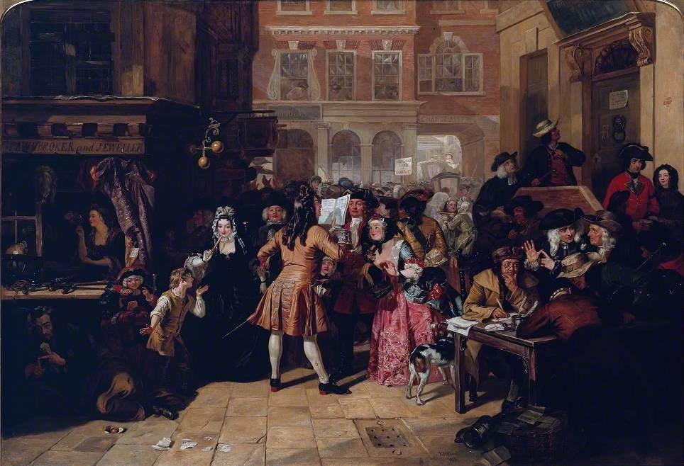 Cuadro de Edward Matthew Ward con una escena de especulación en Change Alley, Londres, en 1720
