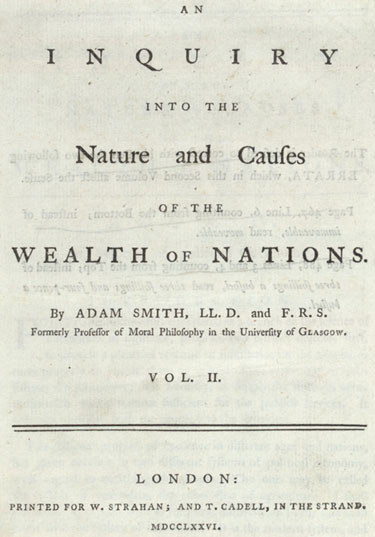 Portada tipográfica de la primera edición de An Inquiry into the Nature and Causes of the Wealth of Nations, Londres, 1776