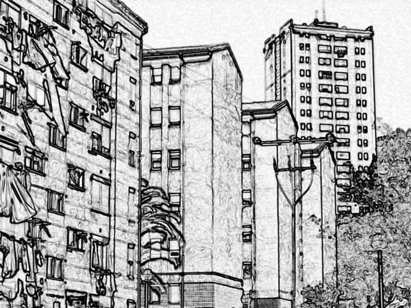 Dibujo antiguo del poblado de Otxarkoaga, con bloques de viviendas alineados en la ladera de un monte