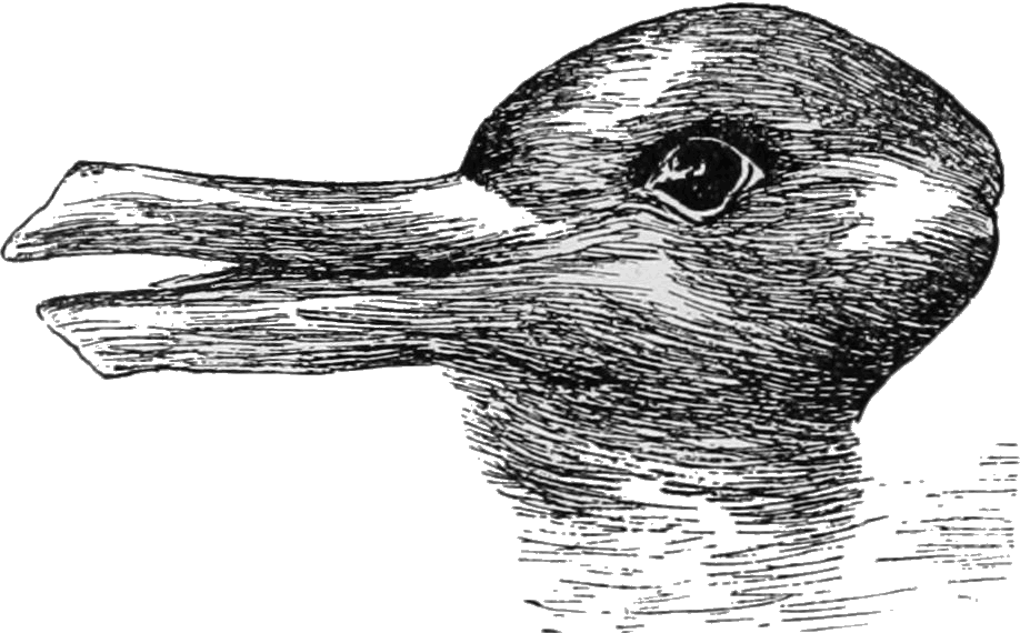 Dibujo de línea de una cabeza que puede verse como la de un pato mirando a la izquierda o como la de un conejo mirando a la derecha