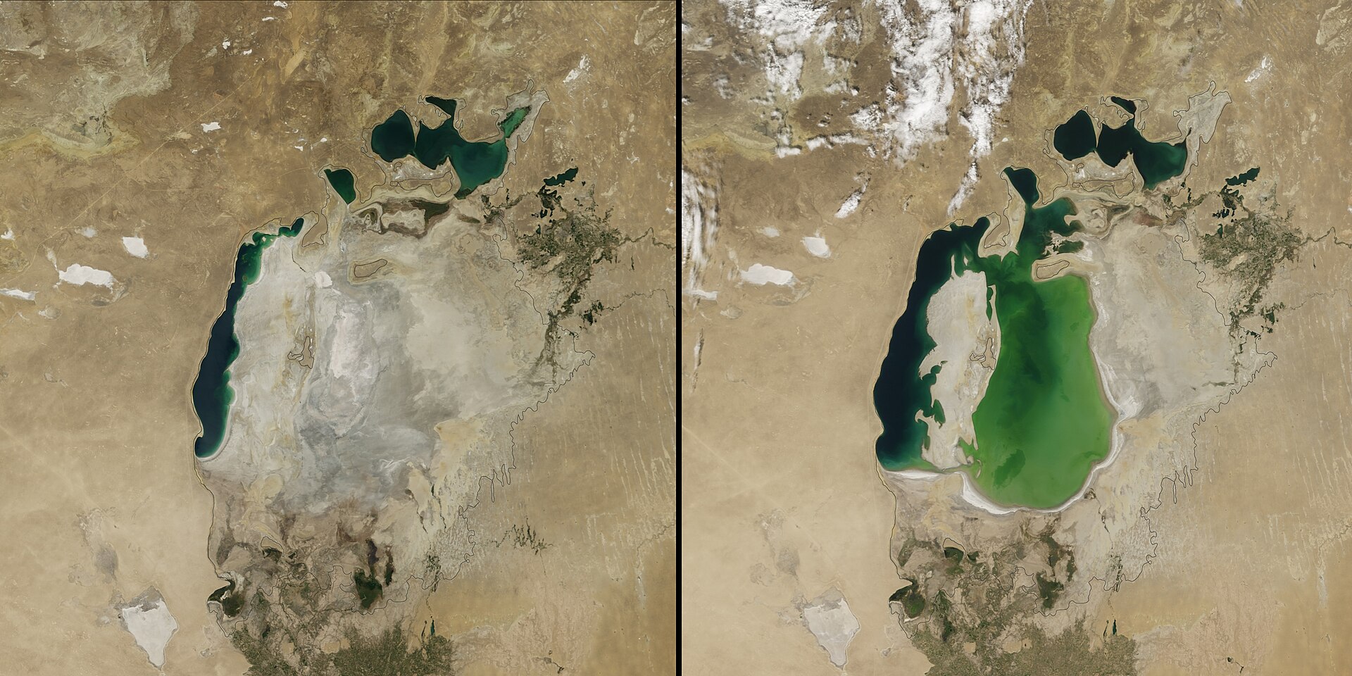 Dos imágenes de satélite del mismo lago en un desierto: a la derecha, en 2000, varias masas de agua verdosas; a la izquierda, en 2014, casi todo el lecho seco y blanquecino