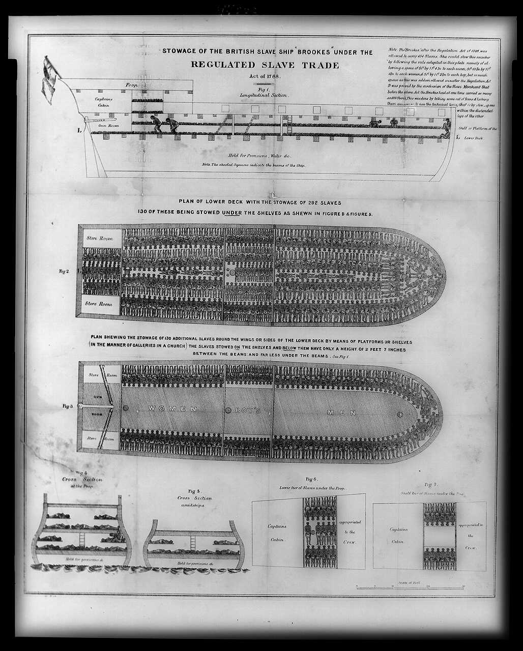Plano de estiba del barco negrero Brookes, con los cuerpos dibujados tumbados fila a fila