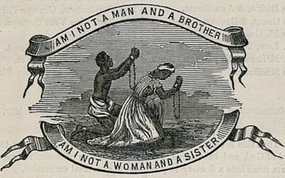 Dos versiones del medallón abolicionista de Wedgwood, con un hombre y una mujer esclavizados arrodillados