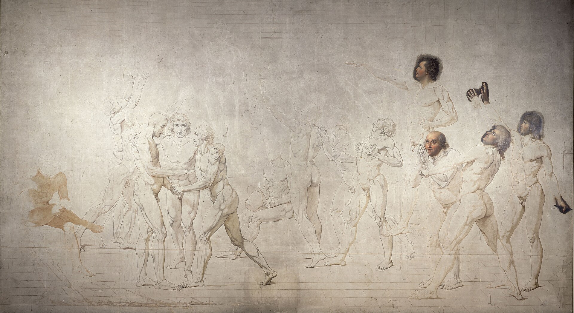 Dibujo de David del juramento del Juego de Paume, con la asamblea de pie alrededor de Bailly