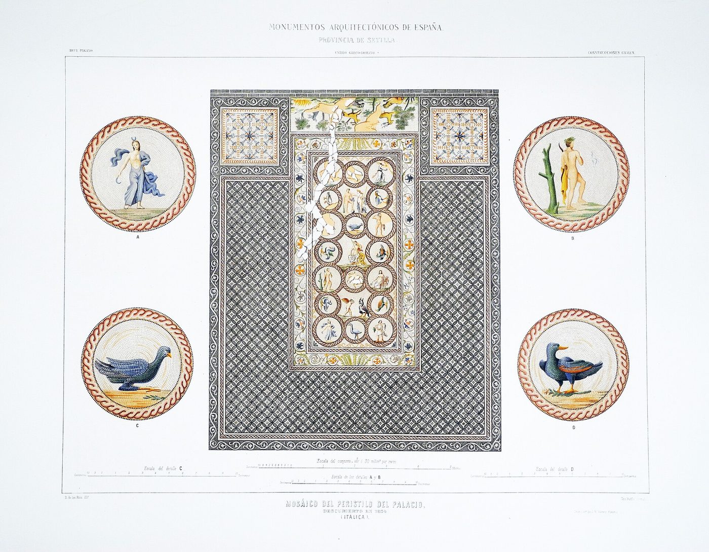 Lámina coloreada del siglo XIX con un mosaico rectangular de motivos geométricos y figuras en medallones, rodeado de cuatro detalles circulares con aves y personajes