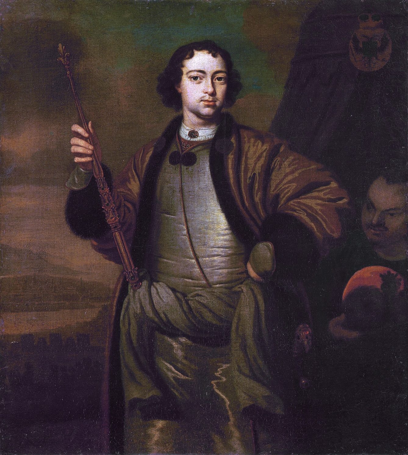 Retrato al óleo de un joven de pelo oscuro y rizado, con coraza y manto de piel, que sostiene un bastón de mando