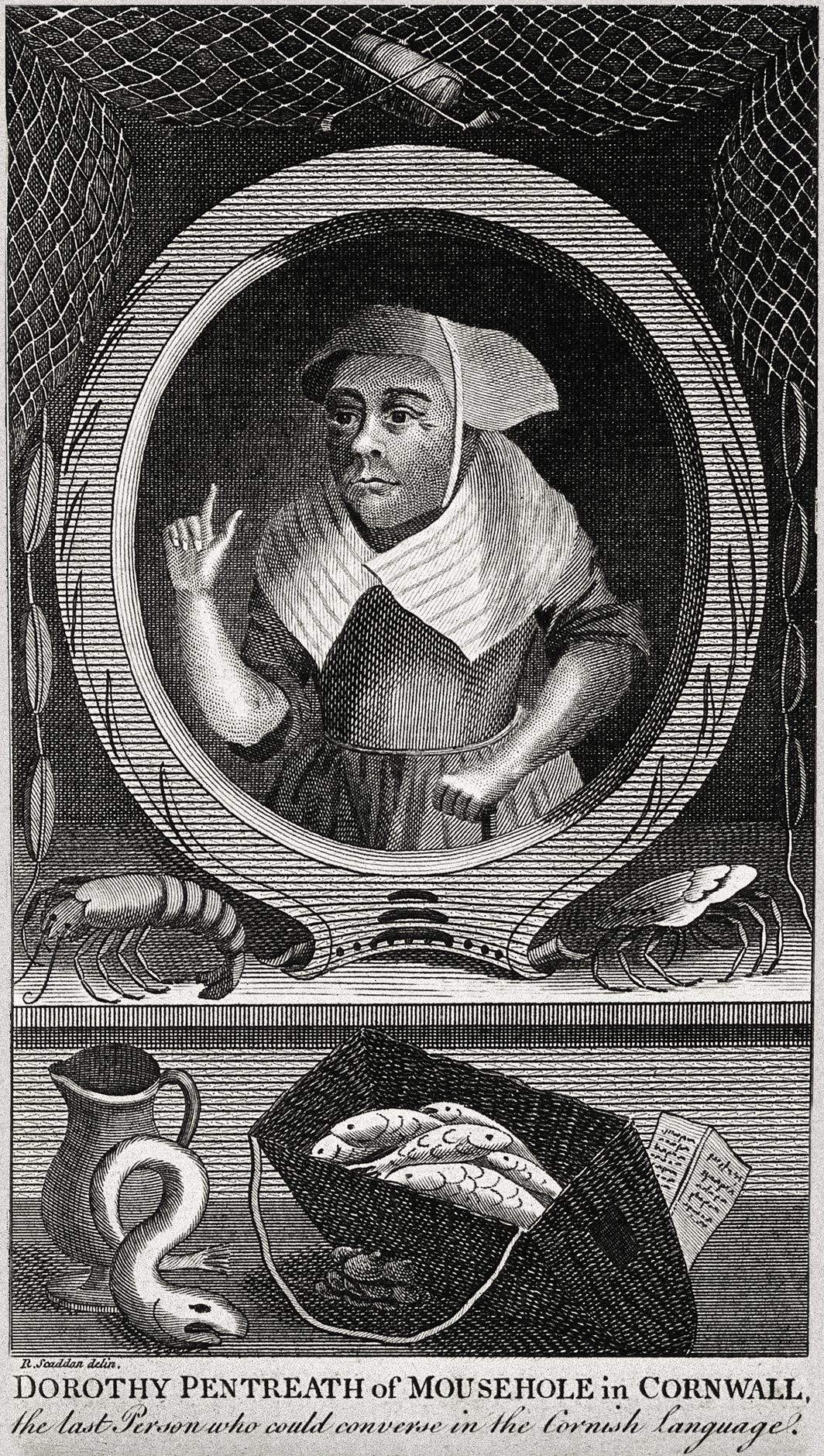 Grabado de una mujer anciana con cofia y pañuelo, que levanta la mano derecha mientras habla, en un marco ovalado sobre una cartela decorada con peces y la leyenda Dorothy Pentreath of Mousehole in Cornwall