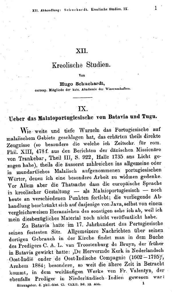 Primera página impresa de un artículo académico en alemán, con el título Kreolische Studien, el nombre de Hugo Schuchardt y el epígrafe Ueber das Malaioportugiesische von Batavia und Tugu, seguido de texto en dos párrafos