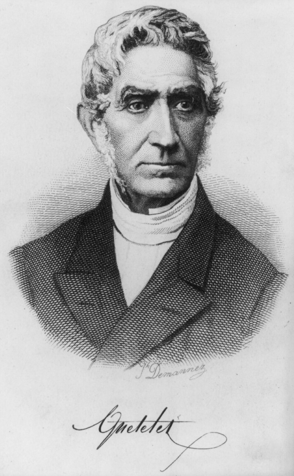 Retrato grabado de un hombre mayor con levita, pelo blanco y patillas, de medio cuerpo
