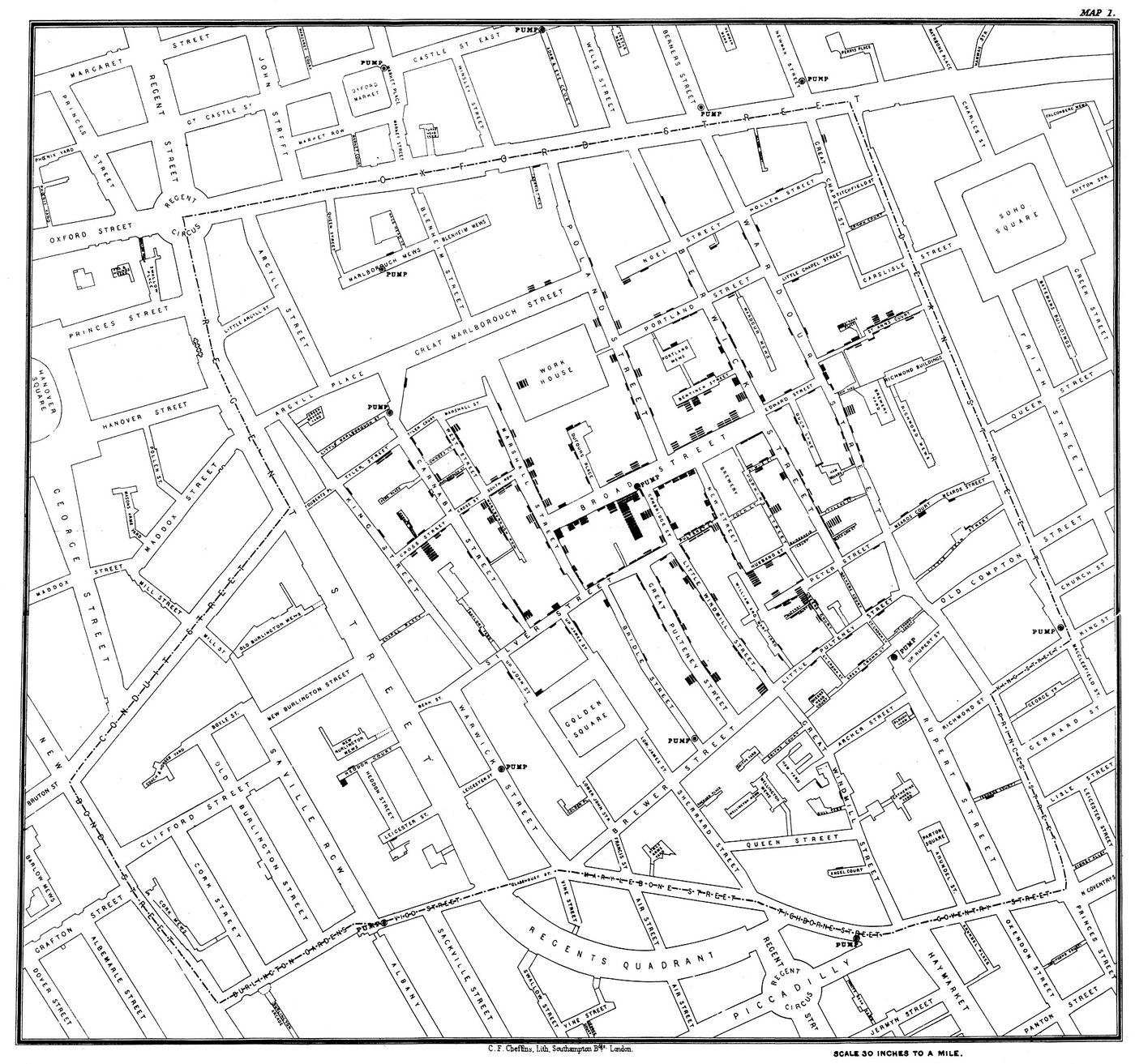 Plano antiguo de calles de Londres con pequeñas barras negras apiladas junto a las casas, más densas alrededor de un punto central