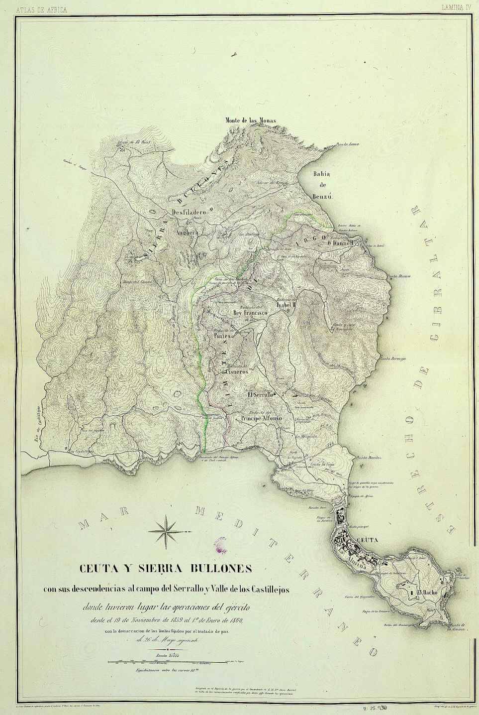 Mapa topográfico antiguo de Ceuta y sierra Bullones con las operaciones militares de 1859 y 1860 y la línea de los nuevos límites