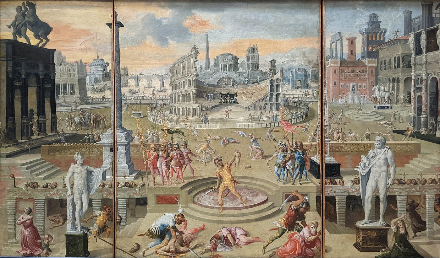 Pintura de una Roma imaginaria llena de monumentos antiguos, con un coliseo al fondo, en cuya plaza central soldados con armadura degüellan a ciudadanos mientras otros huyen