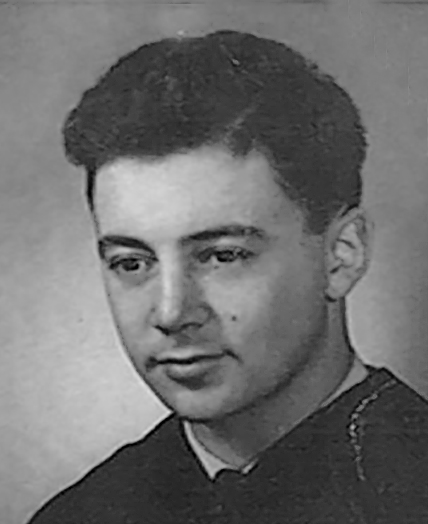 Fotografía escolar en blanco y negro de Erving Goffman adolescente, con chaqueta y gafas