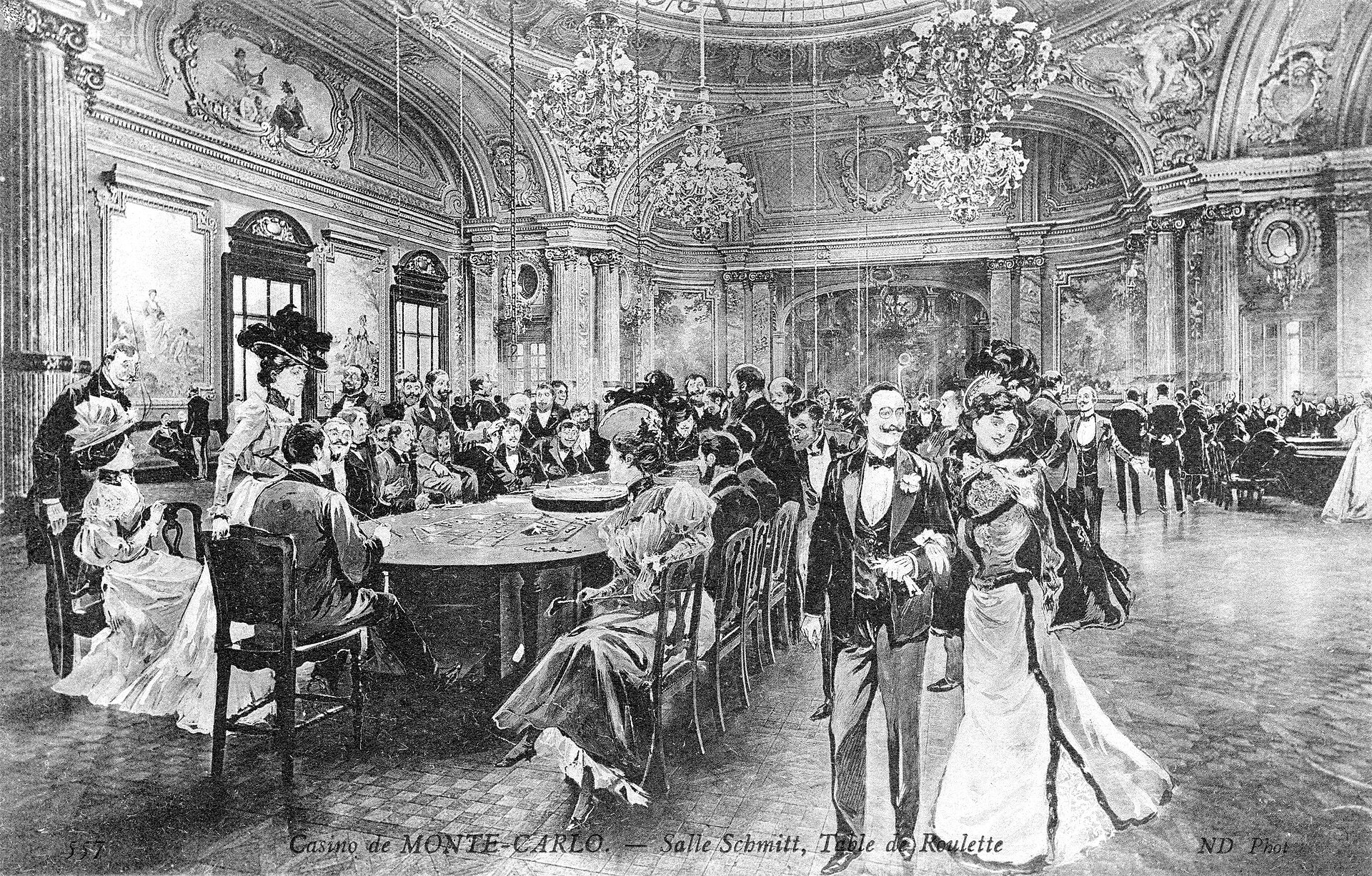 Grabado de finales del siglo XIX con la sala Schmitt del casino de Montecarlo llena de jugadores alrededor de la mesa de la ruleta