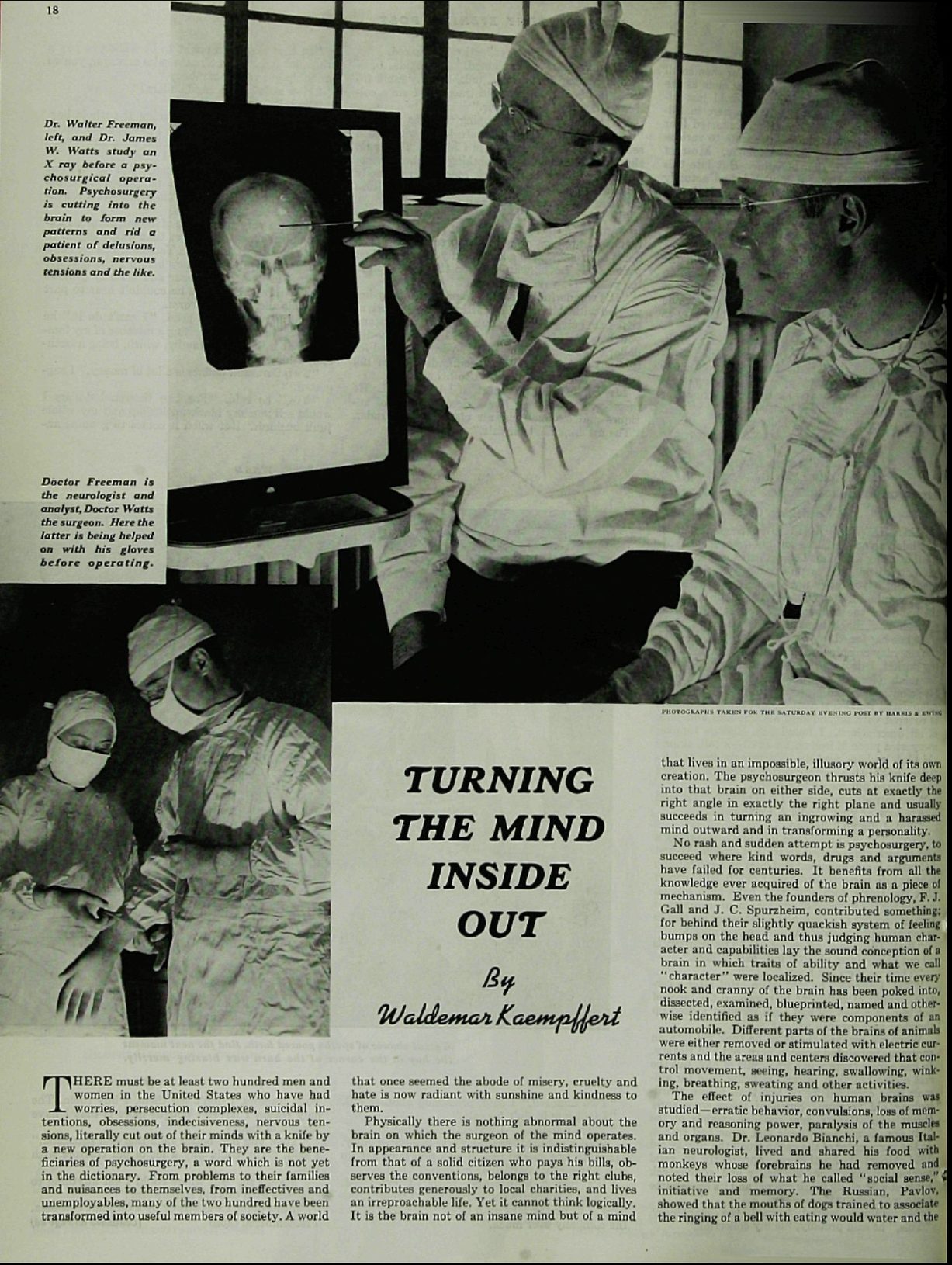 Página de revista de 1941 con fotografías de dos médicos con mascarilla operando y el titular Turning the Mind Inside Out