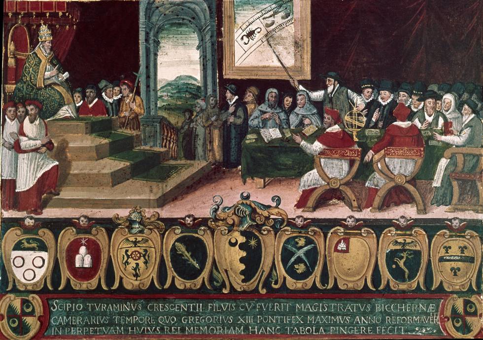 Pintura sobre tabla de una sala con un papa sentado en un trono a la izquierda y un grupo de clérigos y sabios sentados ante él, uno de los cuales señala una esfera celeste; abajo, una franja con escudos de armas