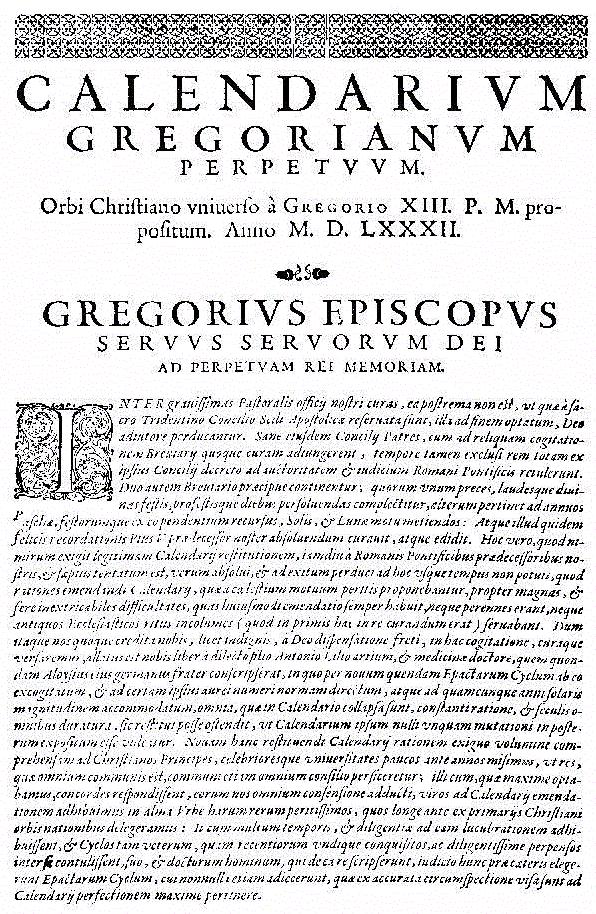 Primera página de un documento impreso antiguo en latín, con el título Calendarium Gregorianum perpetuum en letras grandes y debajo un texto denso con una inicial decorada