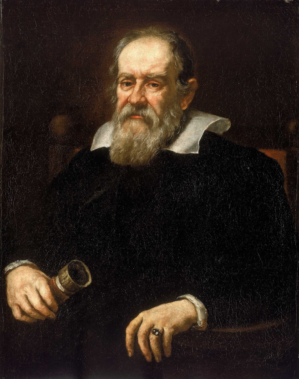 Retrato al óleo de un hombre anciano con barba blanca y gorguera blanca, vestido de negro, que sostiene un pequeño telescopio en la mano