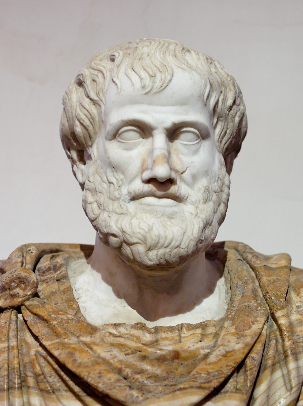 Busto de mármol de un hombre barbado de mediana edad sobre un pedestal con manto de alabastro