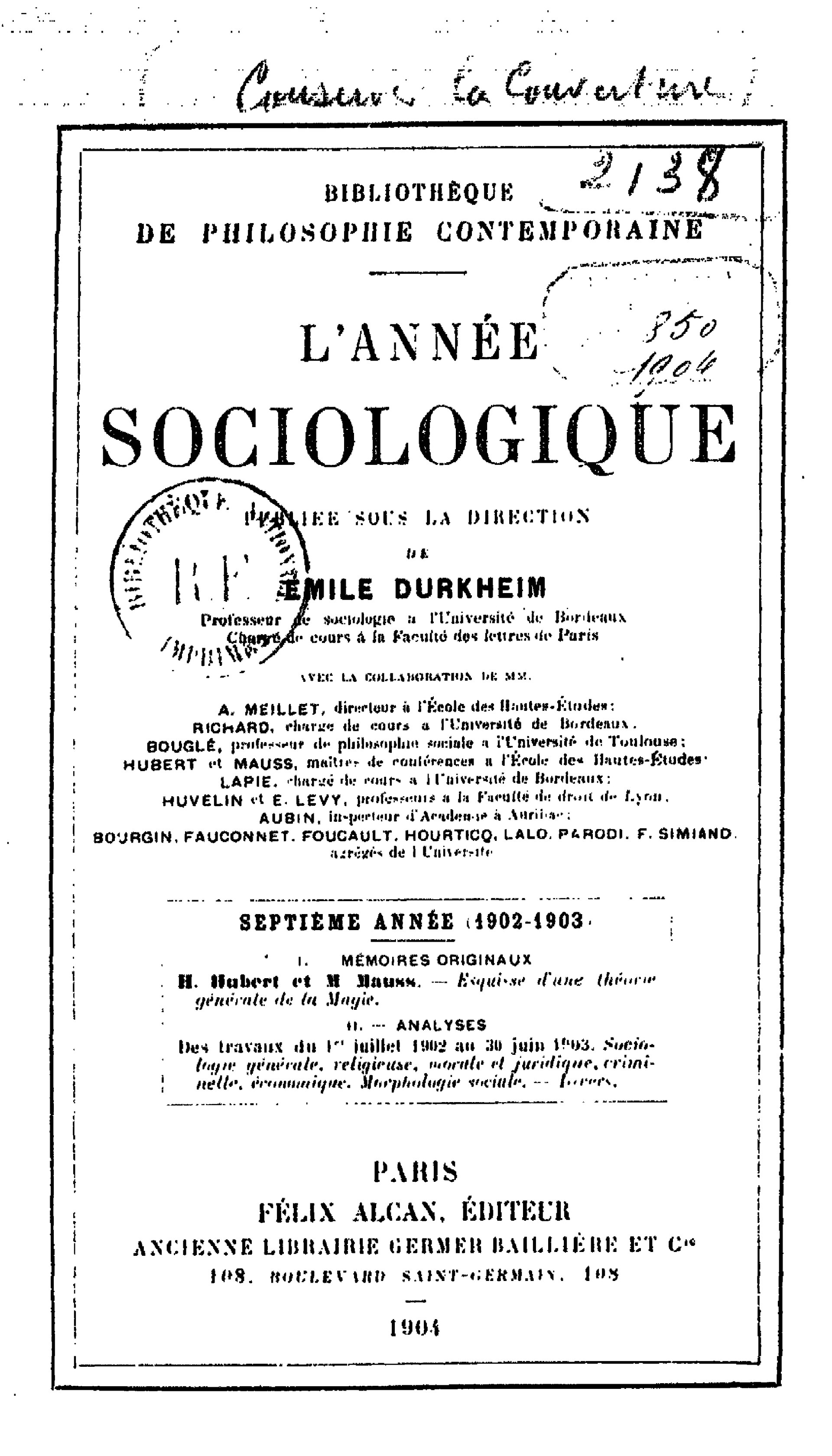 Cubierta de L'Année sociologique, séptimo año, 1902-1903, dirigida por Émile Durkheim