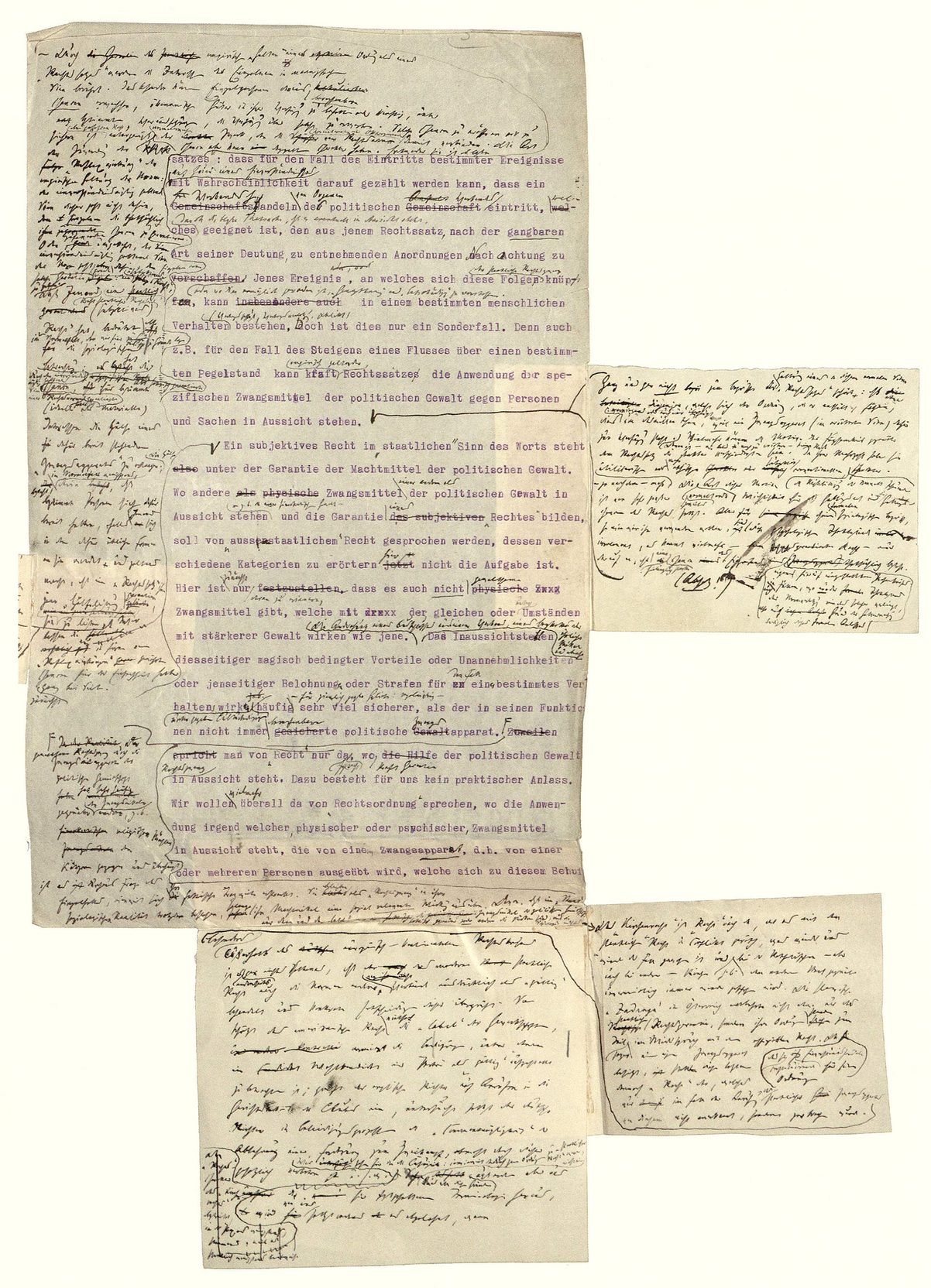 Página manuscrita de Max Weber correspondiente a su sociología del derecho, con letra apretada y correcciones